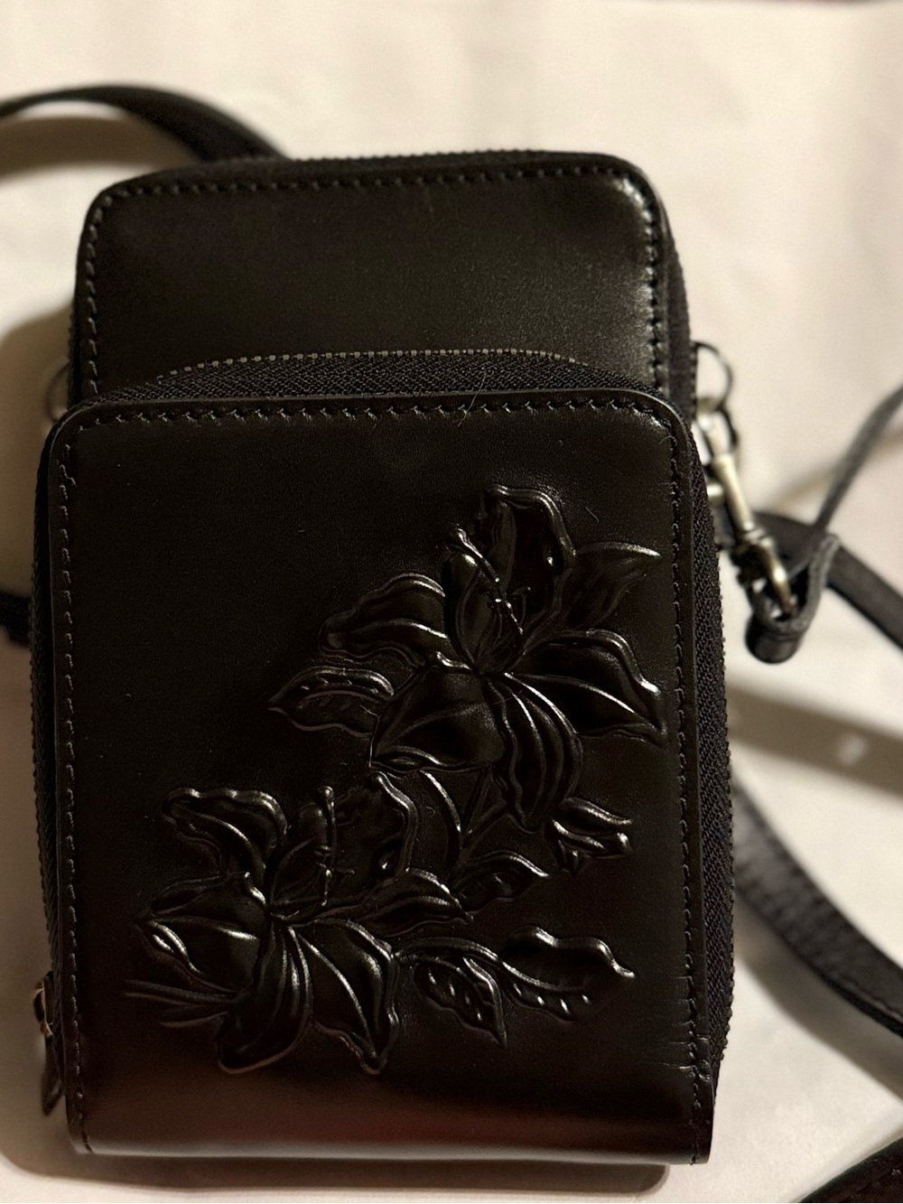 Patricia Nash Black Floral Embossed Crossbody Wallet